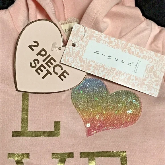 Btween Baby Girls Cute Fleece Love Hoodie Leggings Set size 12 - 24 M Pink/Melon - Picture 6 of 11
